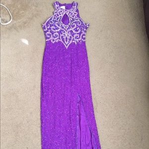 Alyce designer purple beaded silk gown.